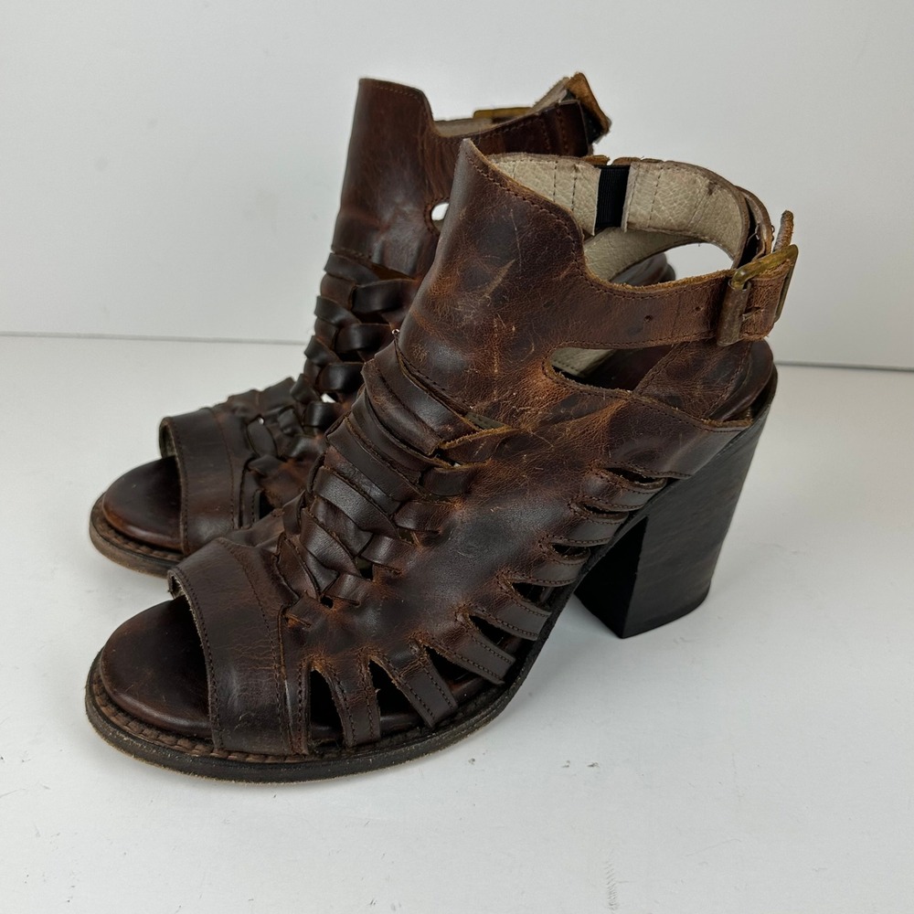 Freebird by Steven Bongo Brown Leather Woven Cage Block Heel Sandals Womens 8